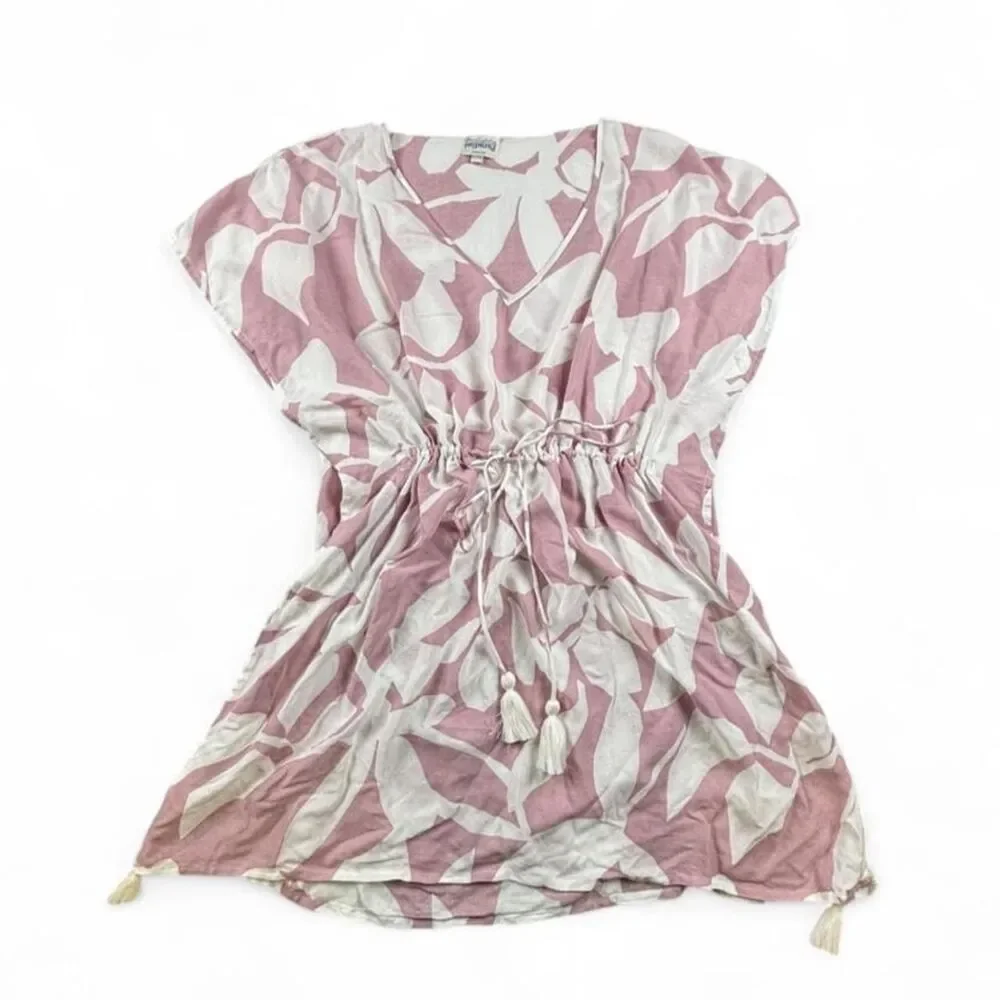 Poolside Paradiso Pink White Floral Swim Cover Up Tassel Tie XL 2XL Beach Kaftan